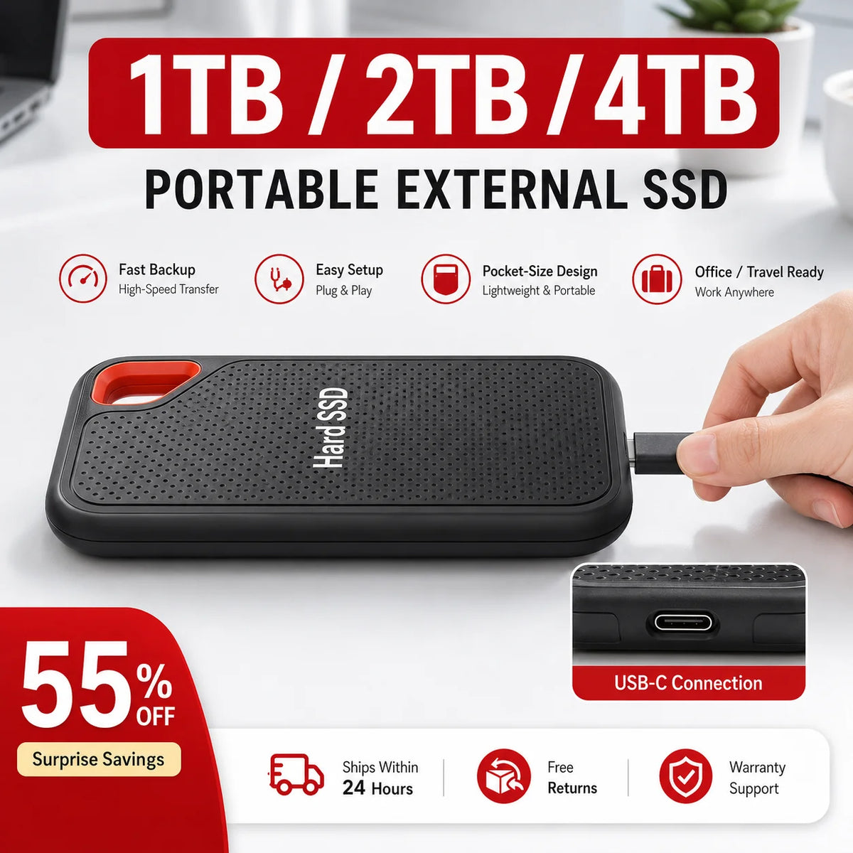 Disque Dur Externe SSD Portable de 1 To à 128 To de type USB-C Ultra-Rapide pour Mac et PC