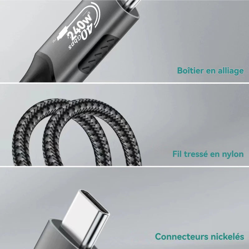 Câble USB4 USB-C 40 Gbit/s – 240 W – Charge rapide & transfert de données