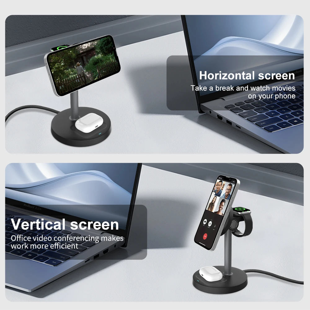 Station de charge magnétique 3-en-1 15 W – iPhone, Apple Watch et AirPods, angle réglable