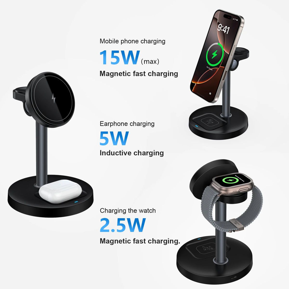 Station de charge magnétique 3-en-1 15 W – iPhone, Apple Watch et AirPods, angle réglable