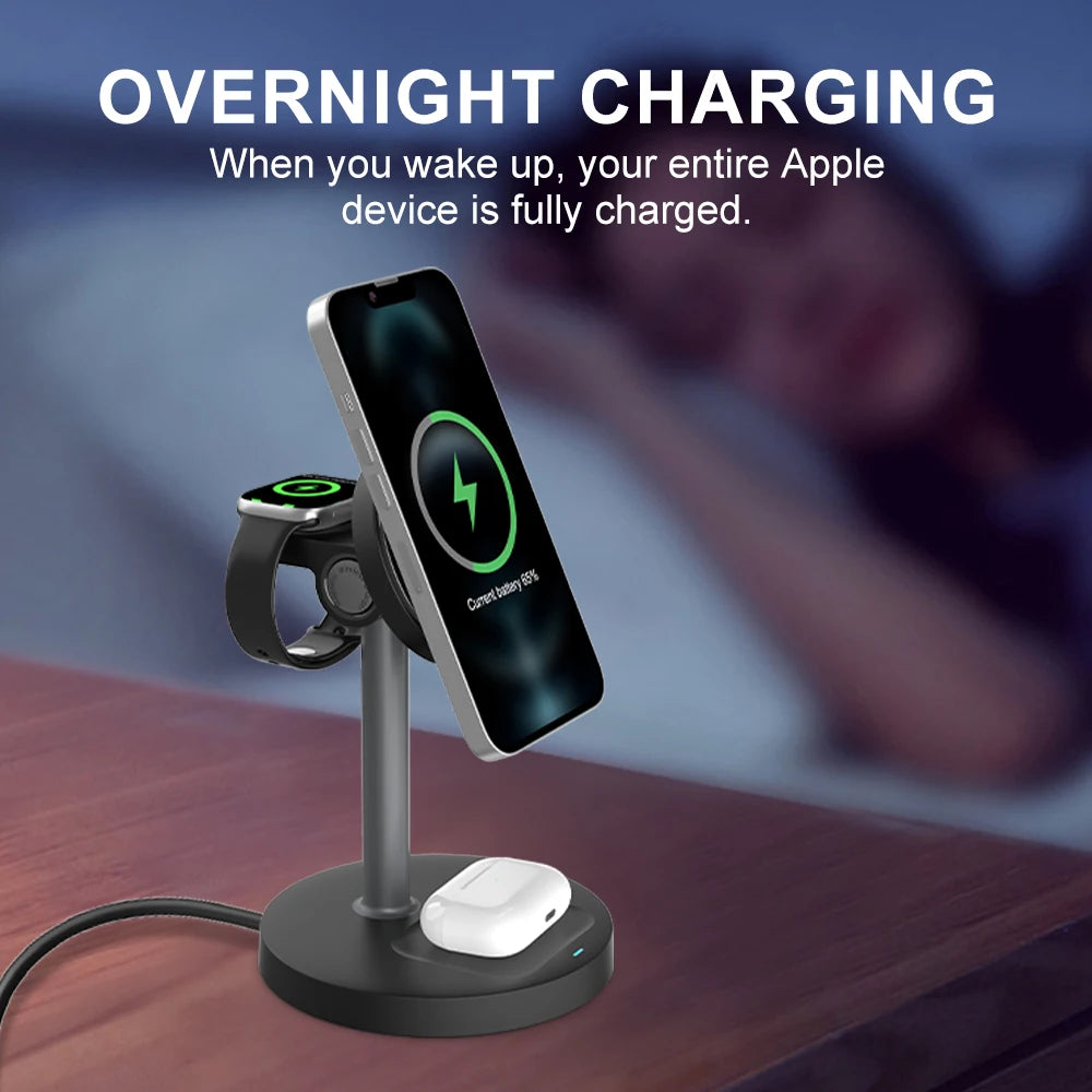 Station de charge magnétique 3-en-1 15 W – iPhone, Apple Watch et AirPods, angle réglable