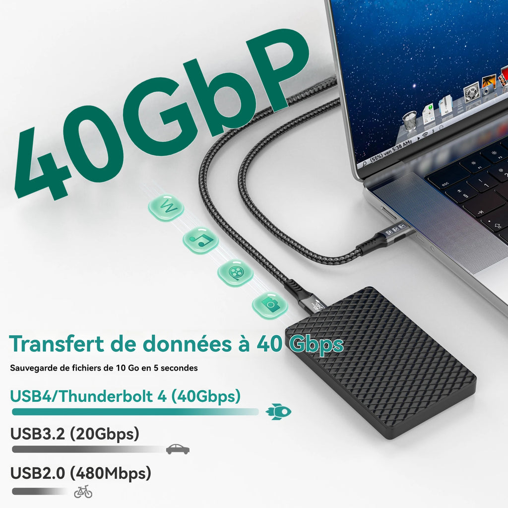 Câble USB4 USB-C 40 Gbit/s – 240 W – Charge rapide & transfert de données