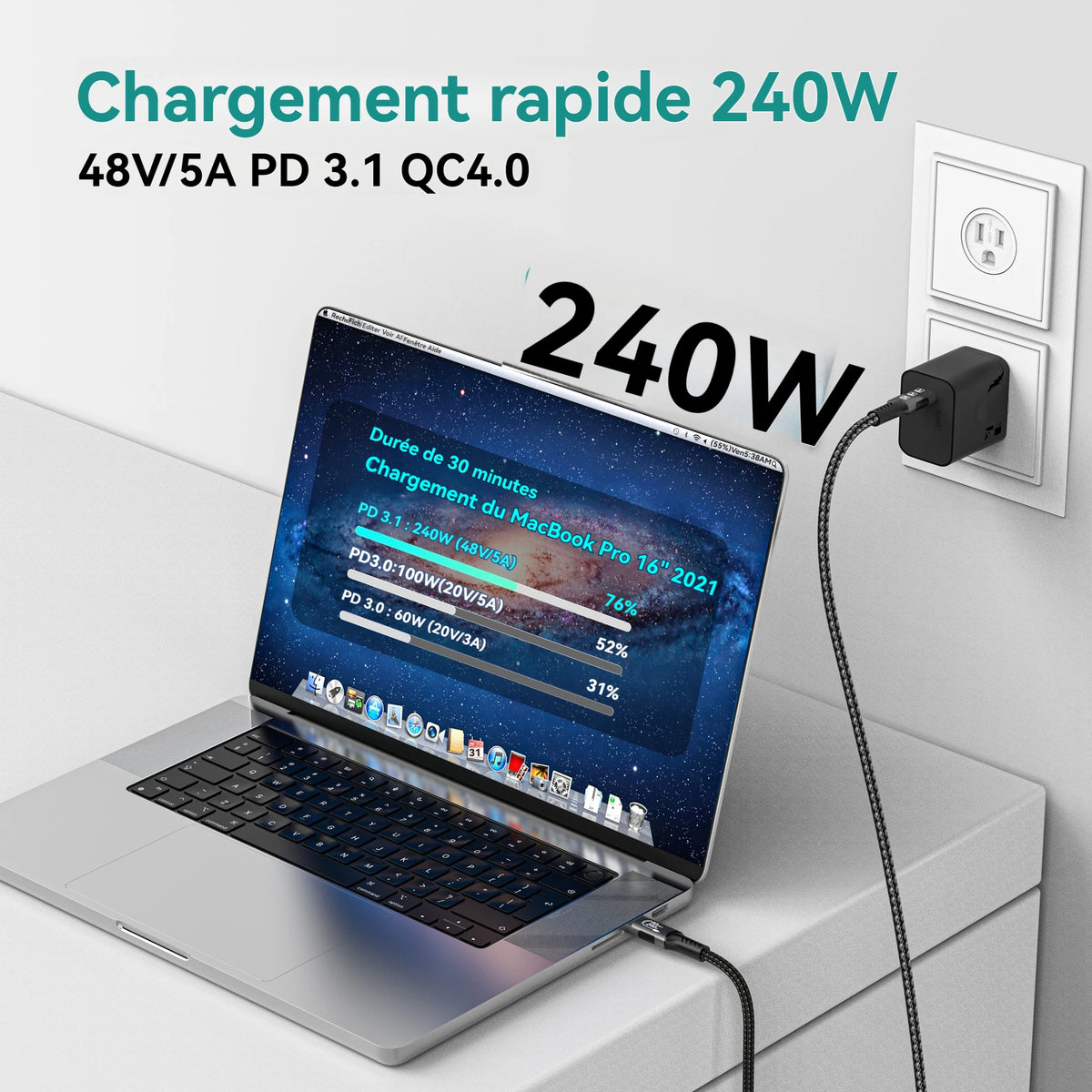 Câble USB4 USB-C 40 Gbit/s – 240 W – Charge rapide & transfert de données