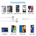 Écouteurs filaires d’origine pour Apple iPhone 17, 16, 15, 14, 13, 12, 11 et versions Pro Max, ainsi que pour iPad avec connecteurs Lightning, USB-C et jack 3,5 mm